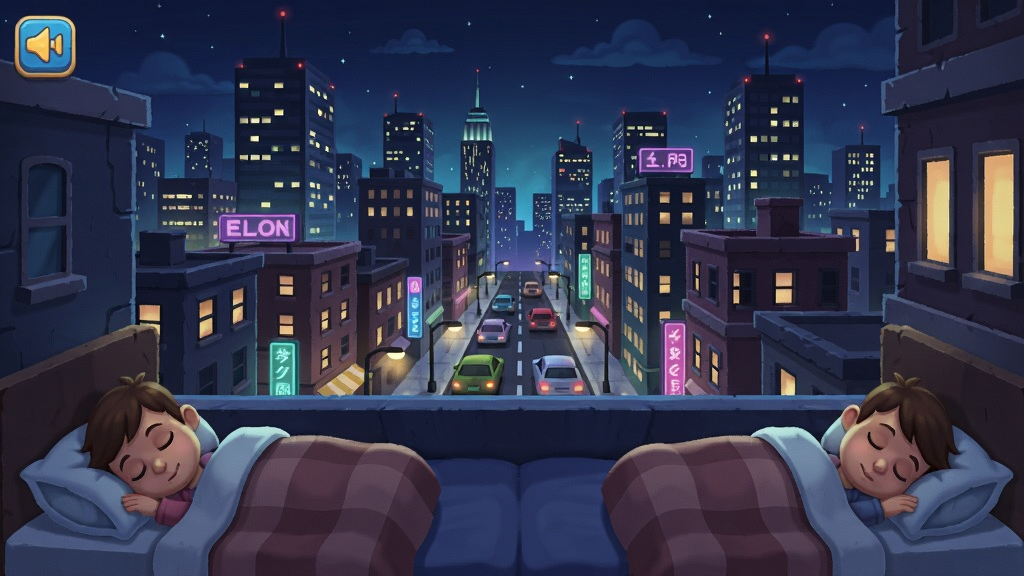 城市会睡觉游戏场景,夜晚的繁华城市,灯光闪烁,人们安睡