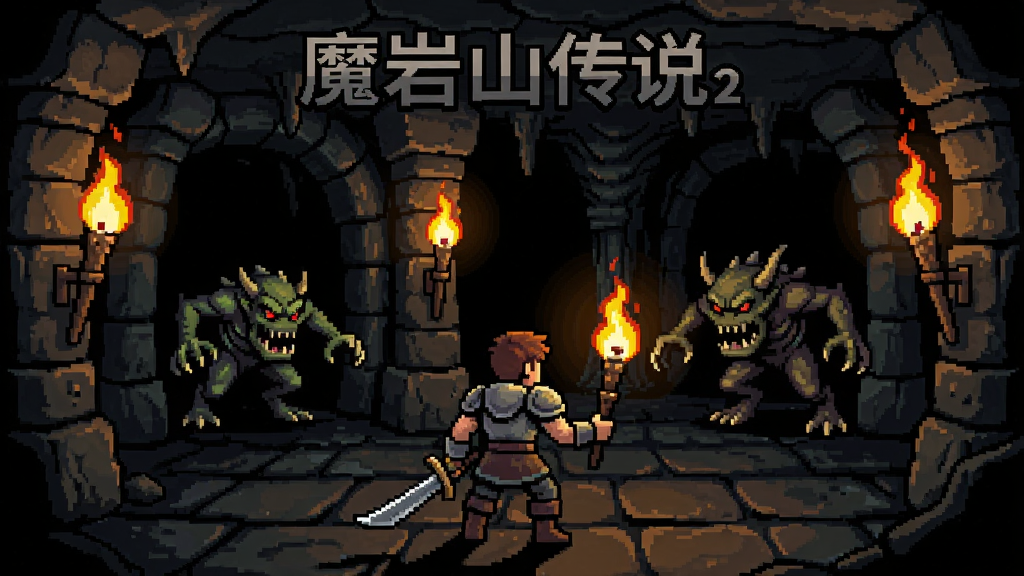 魔岩山传说2地下迷宫探险场景,玩家控制角色在火把光亮下对抗怪物