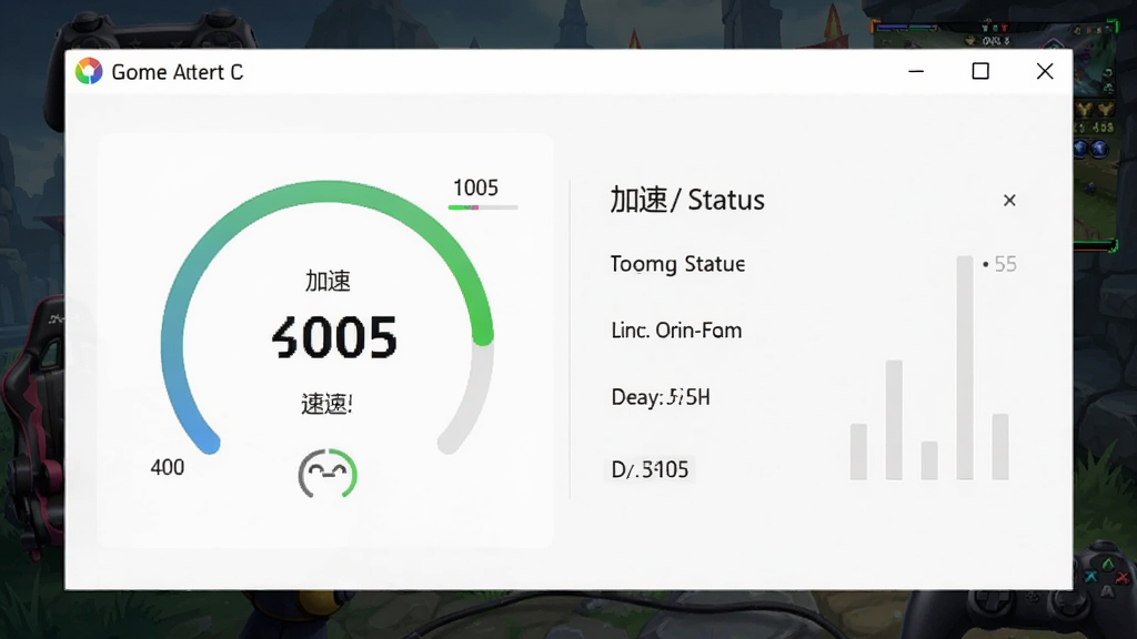 一款简洁的游戏加速软件界面,显示加速状态和延迟数据,背景有游戏画面
