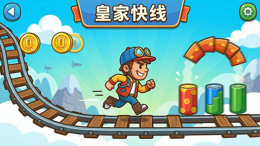 皇家快线游戏主界面,卡通风格轨道,角色在奔跑,周围有金币和障碍物