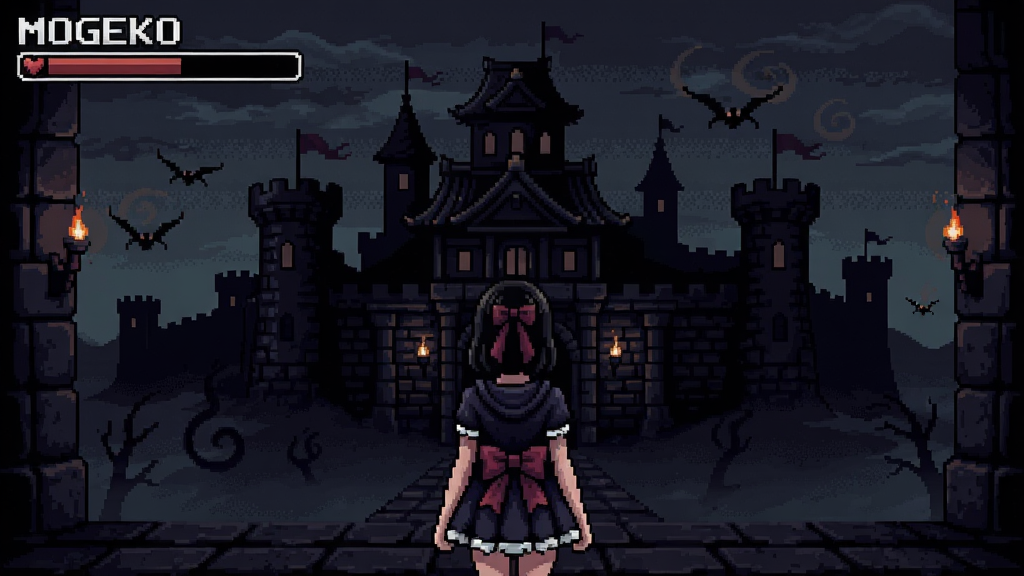 Mogeko Castle游戏截图,黑暗城堡中的少女背影,像素风格,诡异氛围