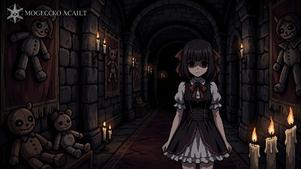 Mogeko Castle游戏场景,少女在昏暗城堡走廊中,周围有诡异玩偶和蜡烛,恐怖氛围