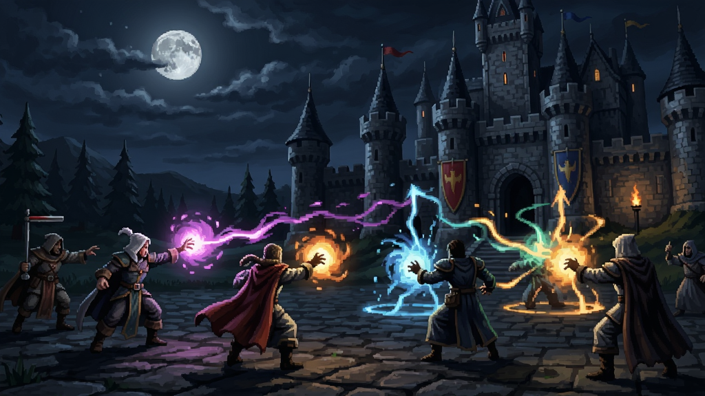 魔法门7游戏场景,夜晚城堡前的战斗,角色施放魔法,充满幻想色彩