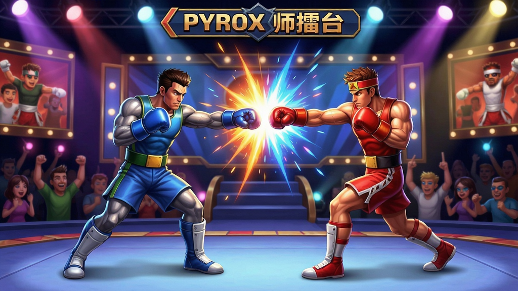 Pyrox大师擂台游戏中两个角色在精美舞台上对击的场景
