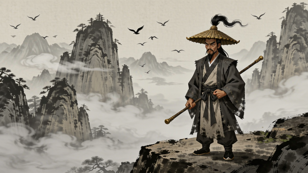 一个古代中国风格的巫师角色站在山顶的绘画,身后是云雾缠绕的山峰和飞鸟,画面意境浓厚