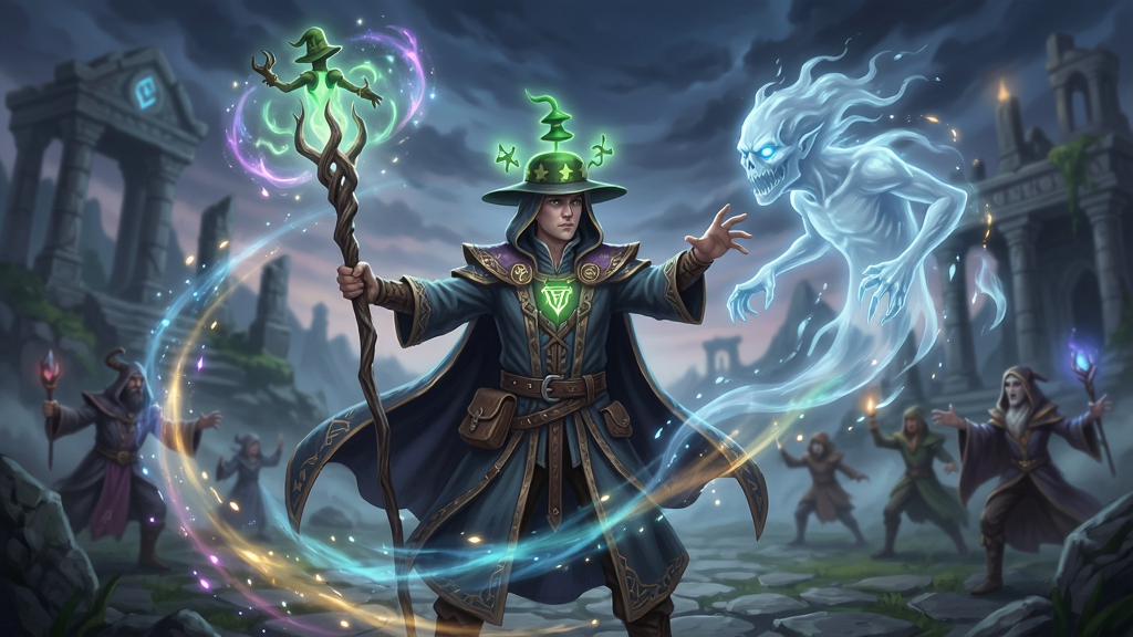 唤灵师角色召唤灵体的华丽战斗场景,绚丽的魔法特效与奇幻背景