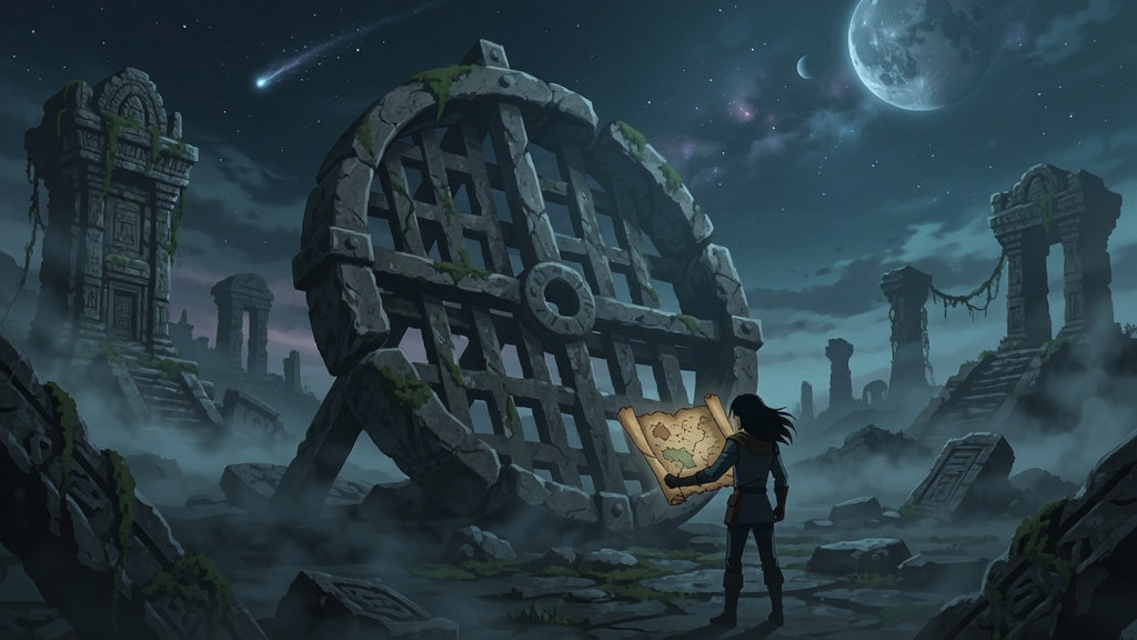 一个神秘的星球表面,满是古老遣迹和迷雾,主角站在巨大的石前,手持古老地图