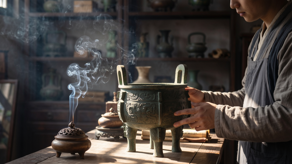 古风古董店场景,光影斑驳,檀香缭绕,一名店员在查看一个精美的青铜器