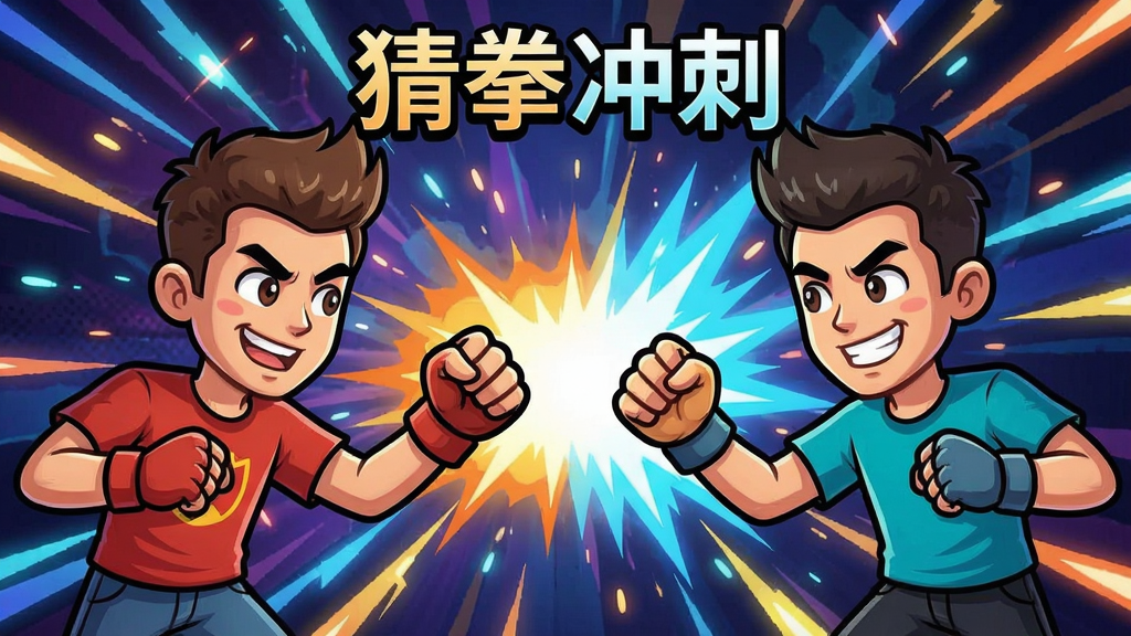 猜拳冲刺游戏画面,两个卡通人物正在猜拳,背景有酷炫特效