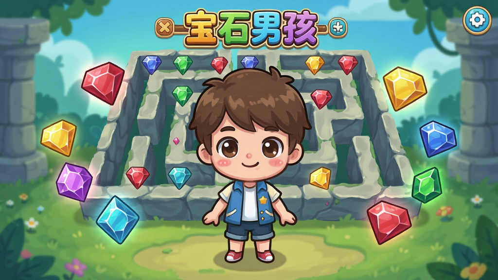 宝石男孩游戏主界面,一个可爱的小男孩站在宝石迷宫前,周围浮着五颜六色的宝石