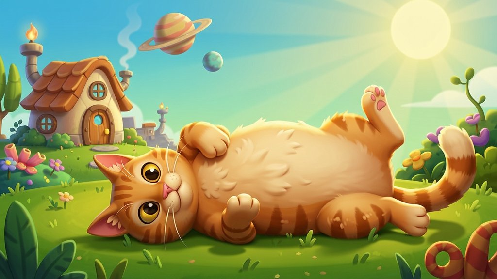 一只橘猫在阳光下打滚,背景是卡通星球上的小屋和花园