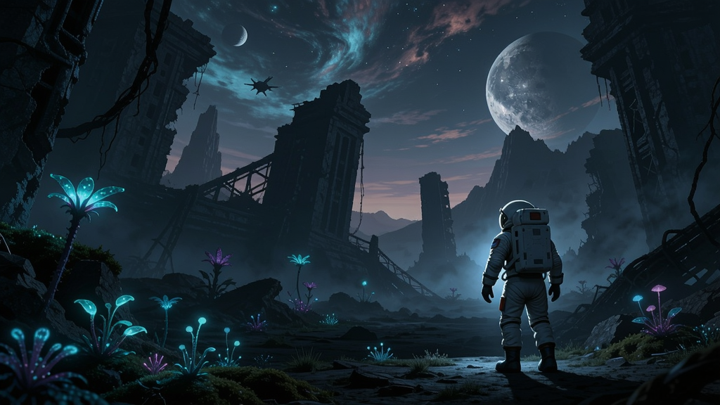 一个宇航员在神秘星球废墟中探索的场景,周围有发光植物和破损建筑,气氛神秘而科幻
