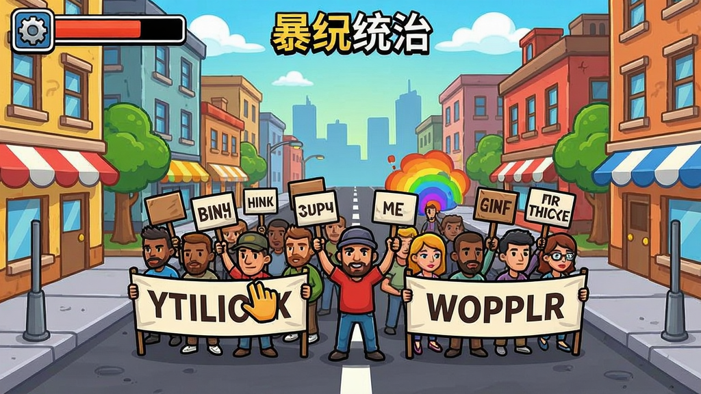 暴民统治游戏画面,城市街道上居民抗议的场景,卡通风格,色彩鲜艳
