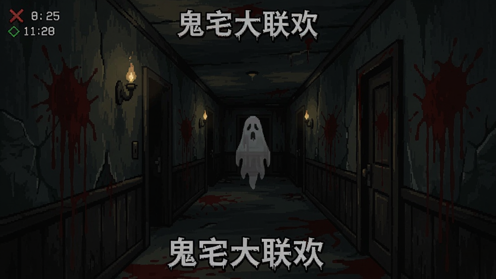 鬼宅大联欢游戏场景截图,恐怖鬼宅内部画面,昏暗灯光下的走廊,墙壁上有血迹,一个幽灵若隐若现