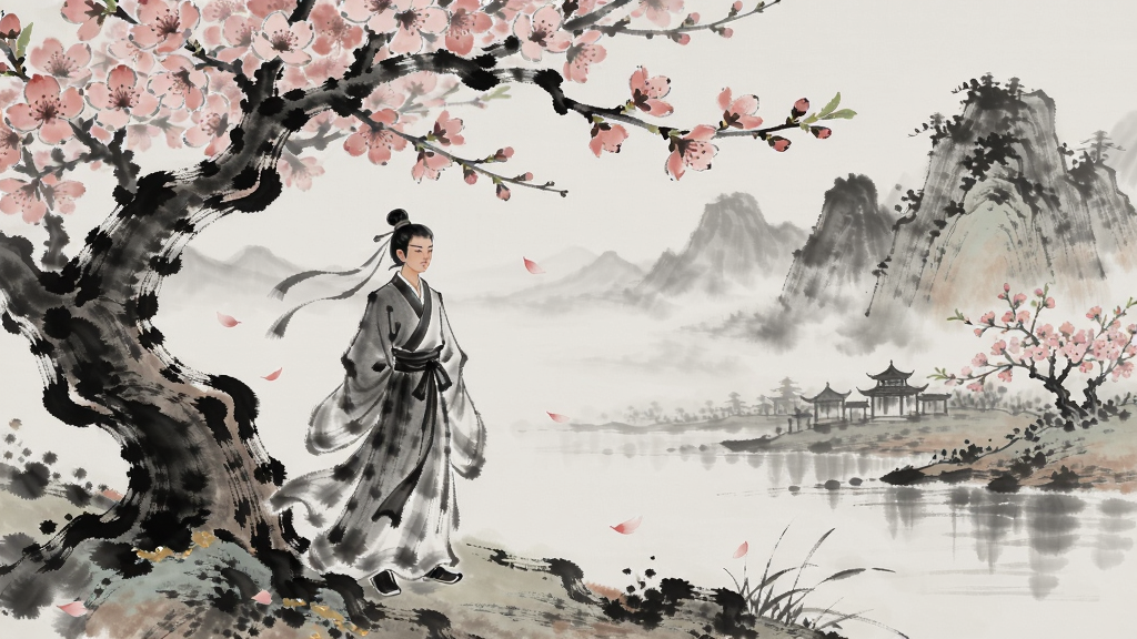 东方风格的山水画背景,古风人物角色站立在桃花树下
