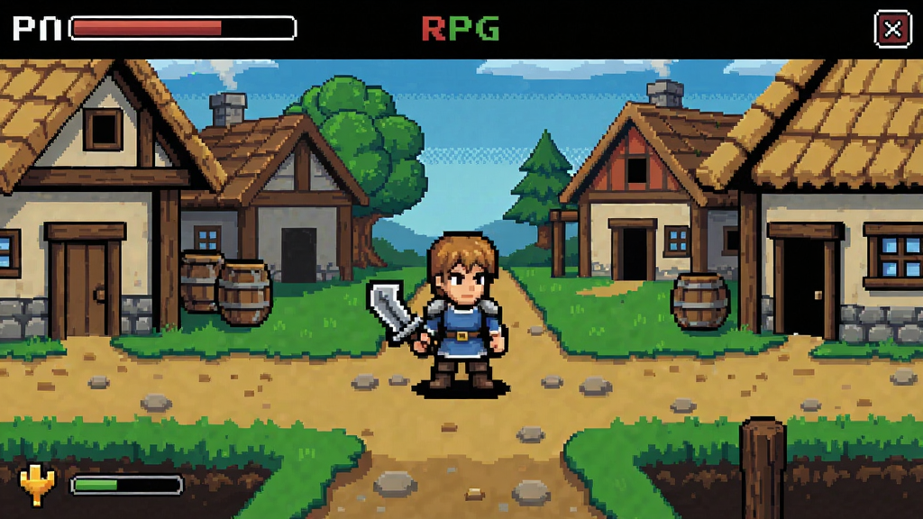 这就是RPG游戏主界面展示,像素风格,角色站在村庄中