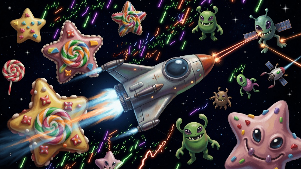 飞船在糖果装点的星星中穿梭,弹幕和激光交织,外星敌人形态各异
