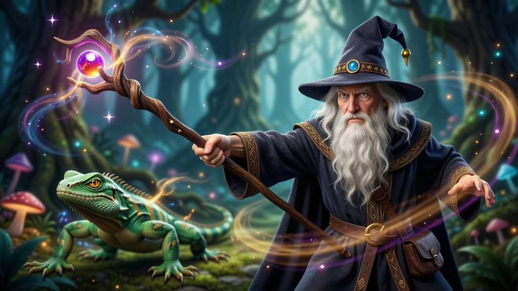 一位巫师手持法杖指挥一只绿色蜥蜴战斗的场景,背景是魔法森林,光影特效绚丽