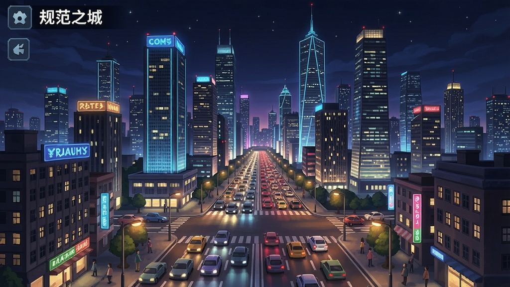 规范之城游戏截图,展示繁华的城市夜景,高楼林立,车水马龙,灯火辉煌
