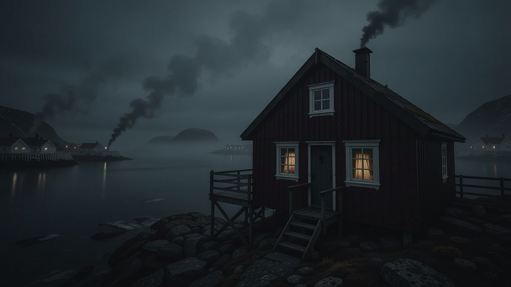 北欧海湾夜晚的阴森小屋,窗户透出微弱灯光,外面大雾弥漫,气氛恐怖