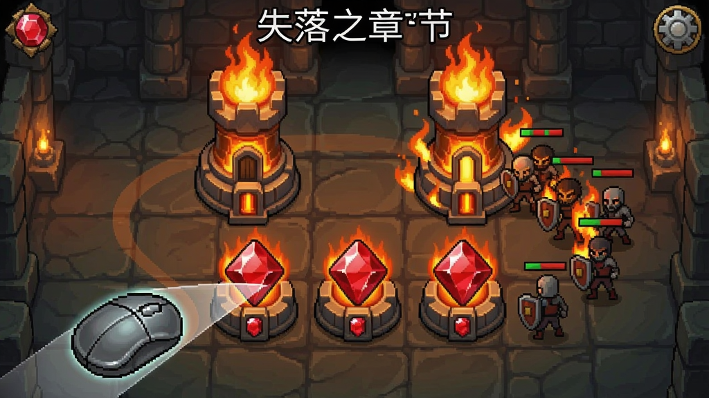 宝石塔防失落之章节关卡中,玩家用鼠标拖拽三颗红色宝石到塔基合成高级火焰塔,周围敌人被灼烧的生动场景