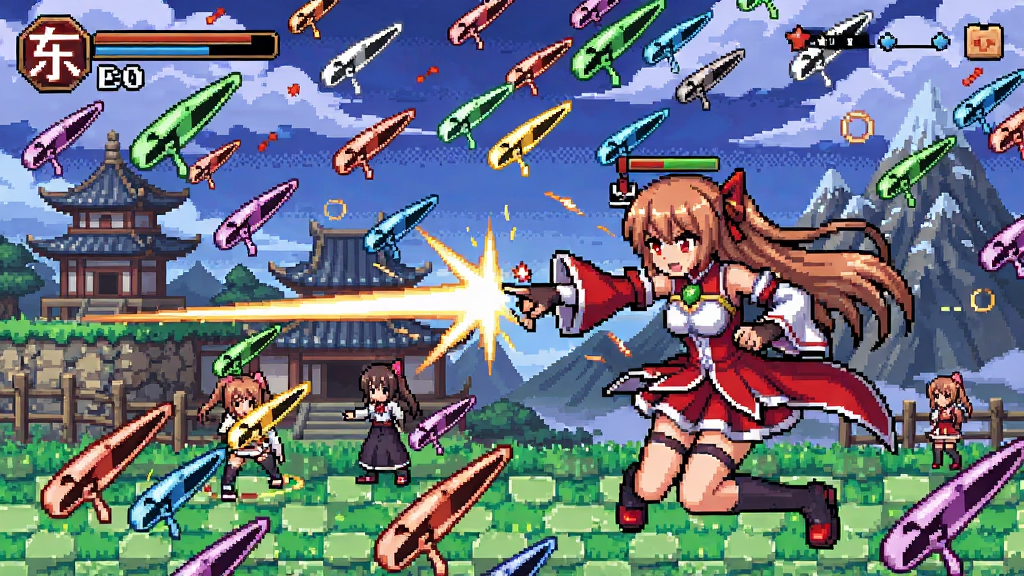 东方弹幕风游戏场景,幻想乡少女在密集弹幕中战斗,背景华丽,色彩鲜艳,像素风格