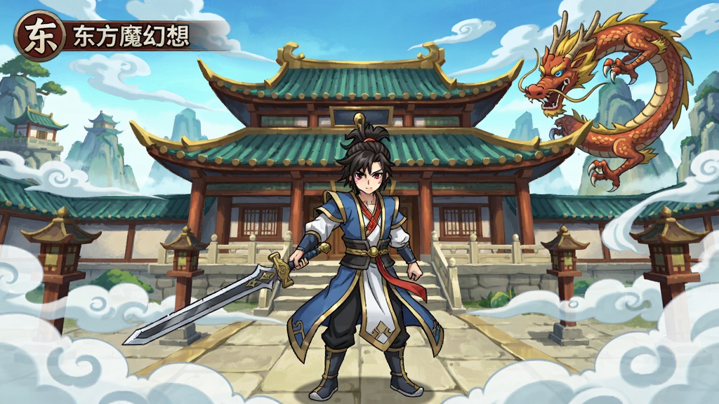 东方魔幻想游戏场景,主角站在古风宫殿前,手持长剑,周围有祥云和神龙,2D手绘风格,色彩鲜艳