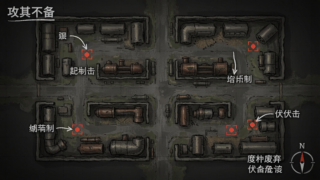 攻其不备废弃工厂地图俯视图,标注关键位置和伏击点