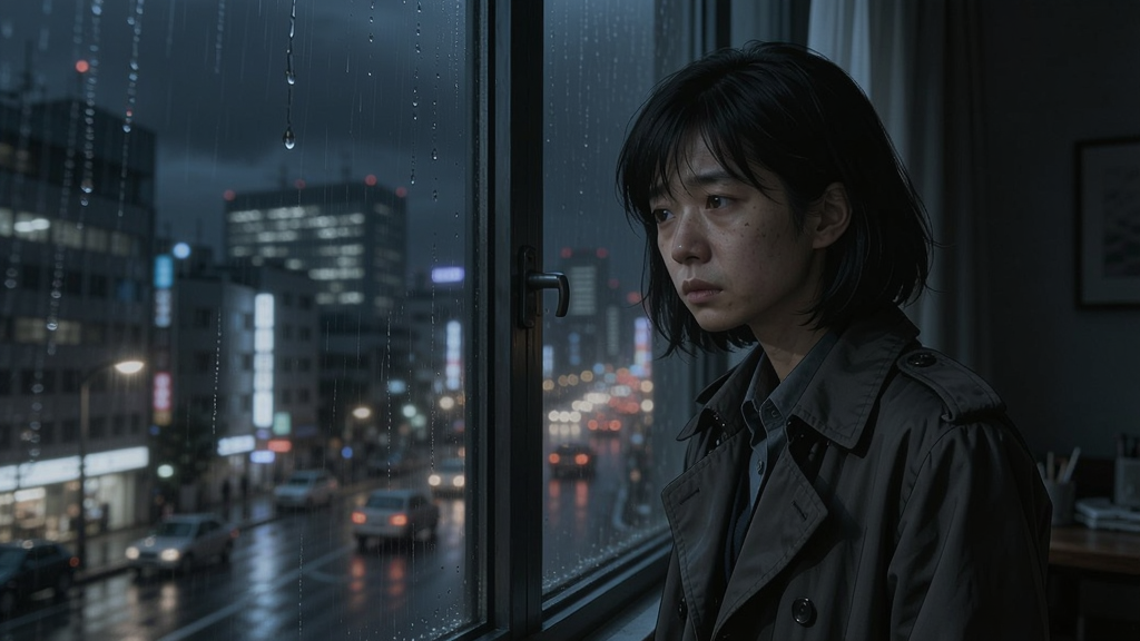 主角站在窗口前,外面是雨夜城市,面容充满思绪的告别场景