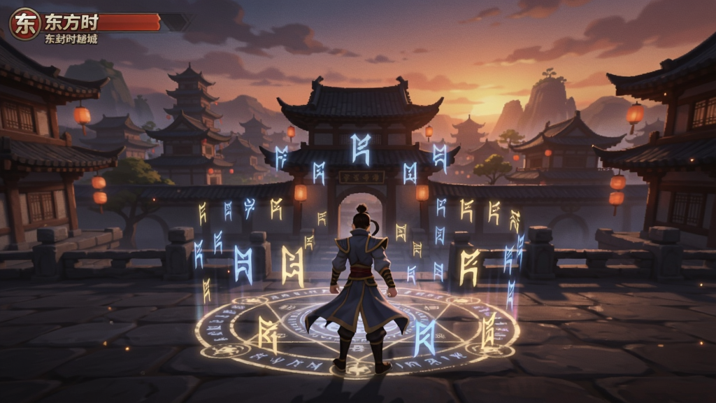 东方时封城游戏场景,古色古香的东方城市,主角站在封印阵前,周围悬浮着发光的符文,背景是黄昏暮色