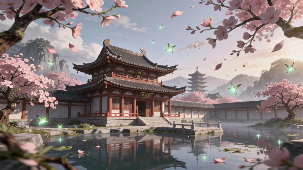 东方桃源宫游戏场景,古风宫殿与桃花树,唯美画面