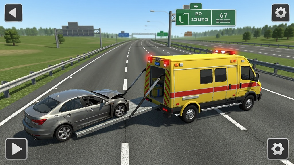 道路救援模拟游戏截图,一辆黄色救援车正在拖走故障车辆,背景是高速公路