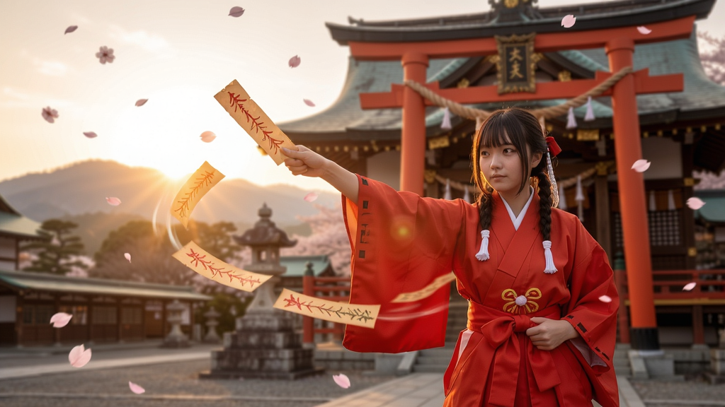 一位身穿红色巫女服的少女在朝阳下的神社前挥舞符咒,背景是飘落的樱花和远山