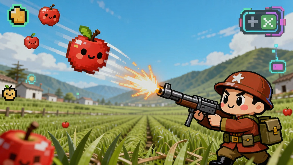 红军战士在田野中用武器射击飞来的红苹果,画面昔红可爱,充满赛博小游戏风格