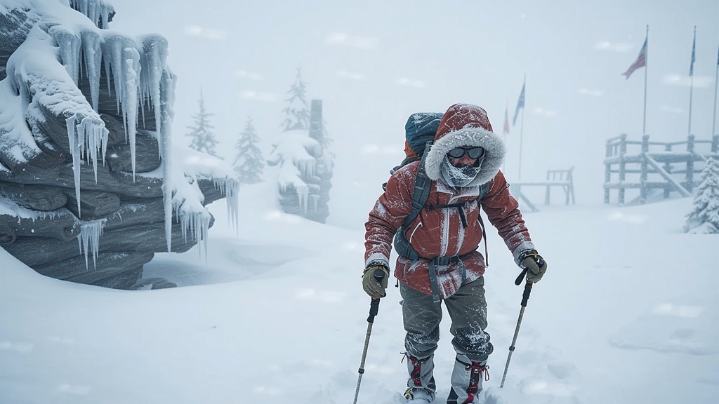冻结之地雪地探险场景,玩家在暴风雪中艰难前行