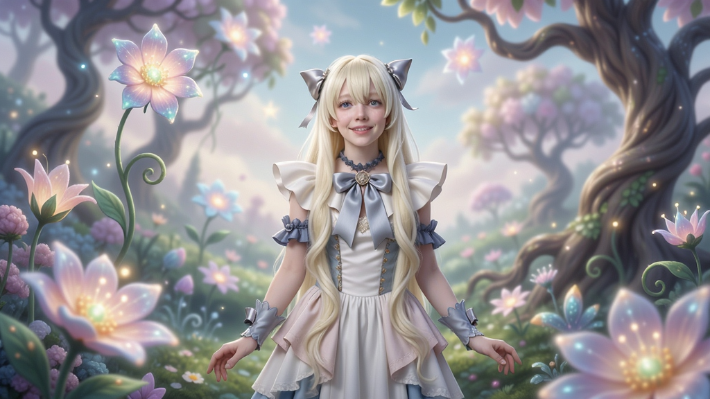 安吉丝站在奇幻的梦境花园中,周围是漂浮的发光花朵和扭曲的树木,色调柔和梦幻。
