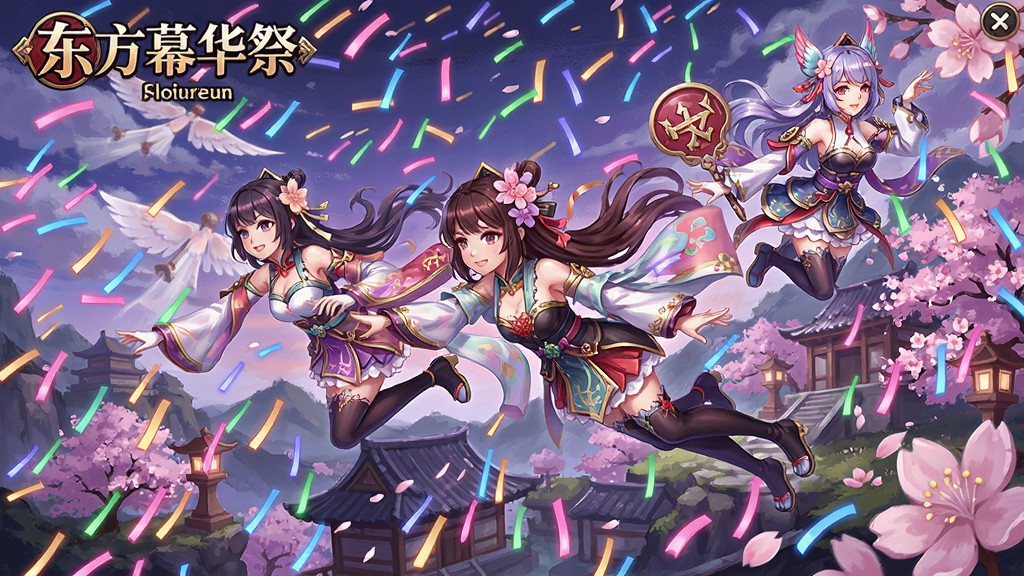 东方幕华祭游戏主界面,少女们在樱花与弹幕中飞行的唯美场景