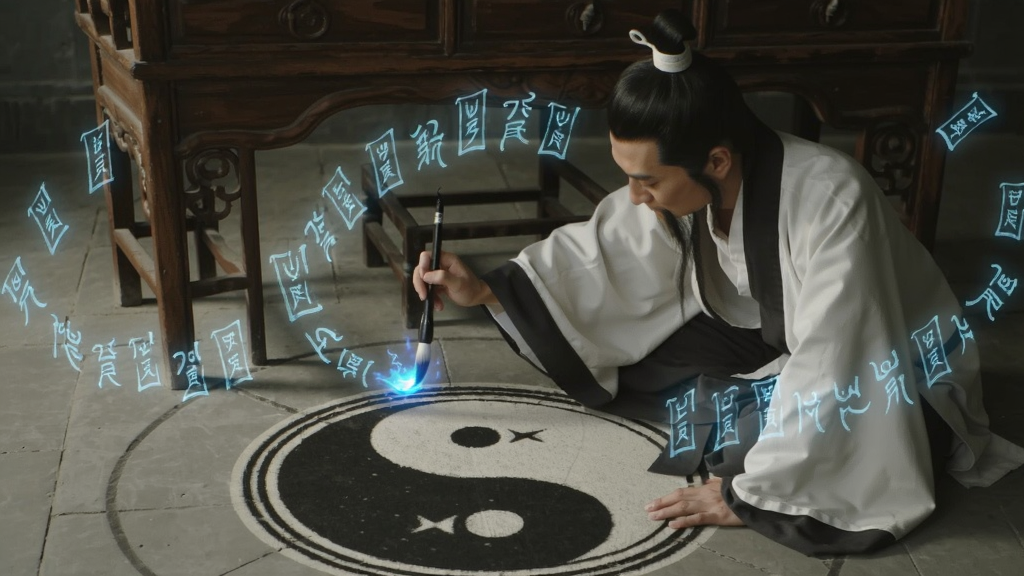 一位道士正在屋椅下画符,笔尖流露出淡蓝色光芒,身边围绕着旋转的古文字符咒,地面有一个巨大的阳阳图案,场景神秘而庄严。