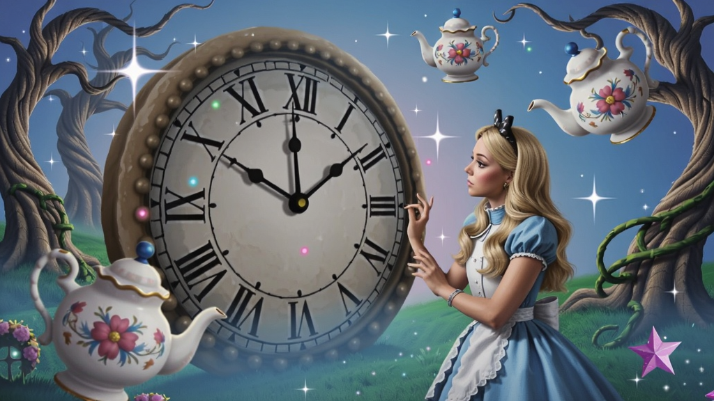 爱丽丝在奇幻梦境中面对巨大时钟和漂浮的茶壶,周围有闪烁的星光和扭曲的树木,整体氛围神秘而美丽