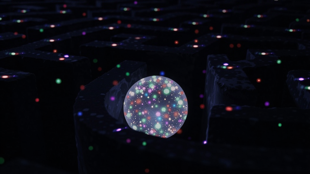 一个发光的球体在黑暗的迷宫中滚动,周围有彩色光点闪烁