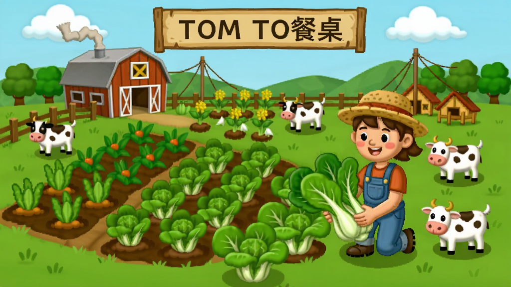 从农场到餐桌游戏场景,一个绿色的农场上有各种作物和动物,一位玩家正在收获芜菜