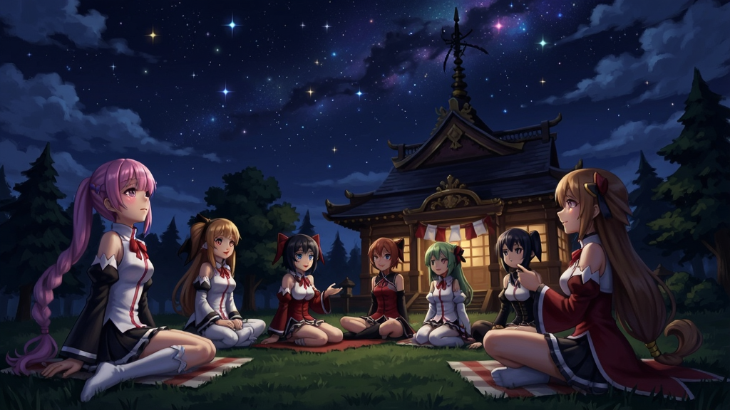 幻想乡的裕美夜景,东方角色们围坐在堂前的草地上欣赏满天繁星,气氛轻松温馨