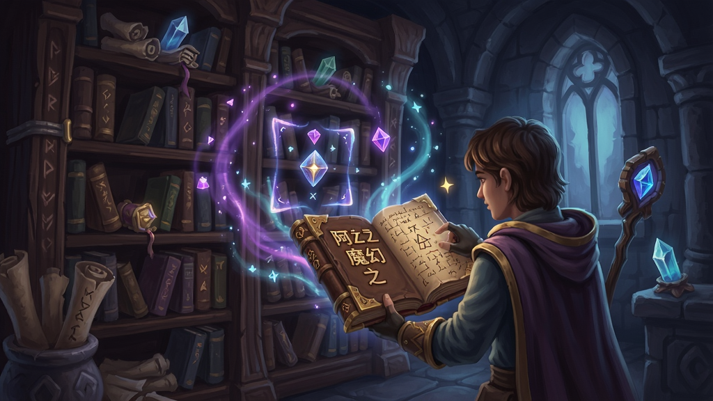 阿扎达魔幻之书游戏场景,神秘的书架和魔法光效,玩家正在解谜