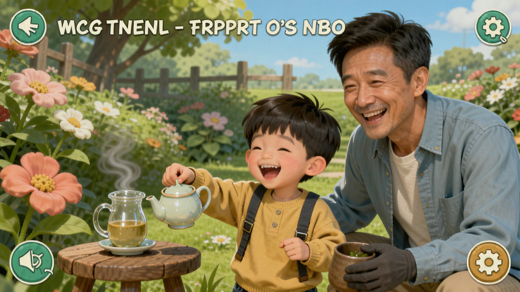爸爸去哪儿找茶游戏画面,一对父子在花园中找茶,满是笑容