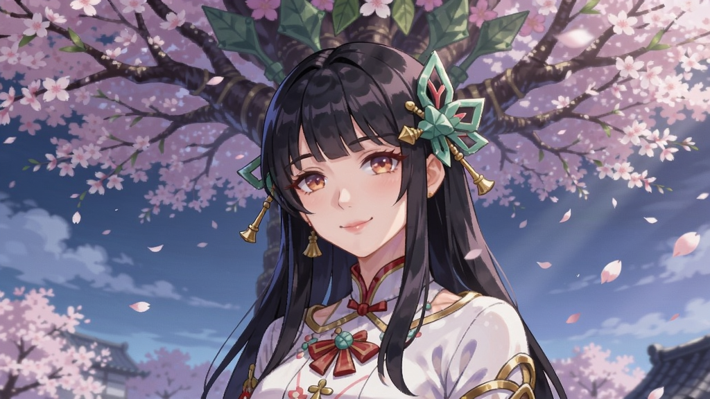 彼岸之光沙罗双树游戏场景中女主角在樱花树下微笑的唯美画面