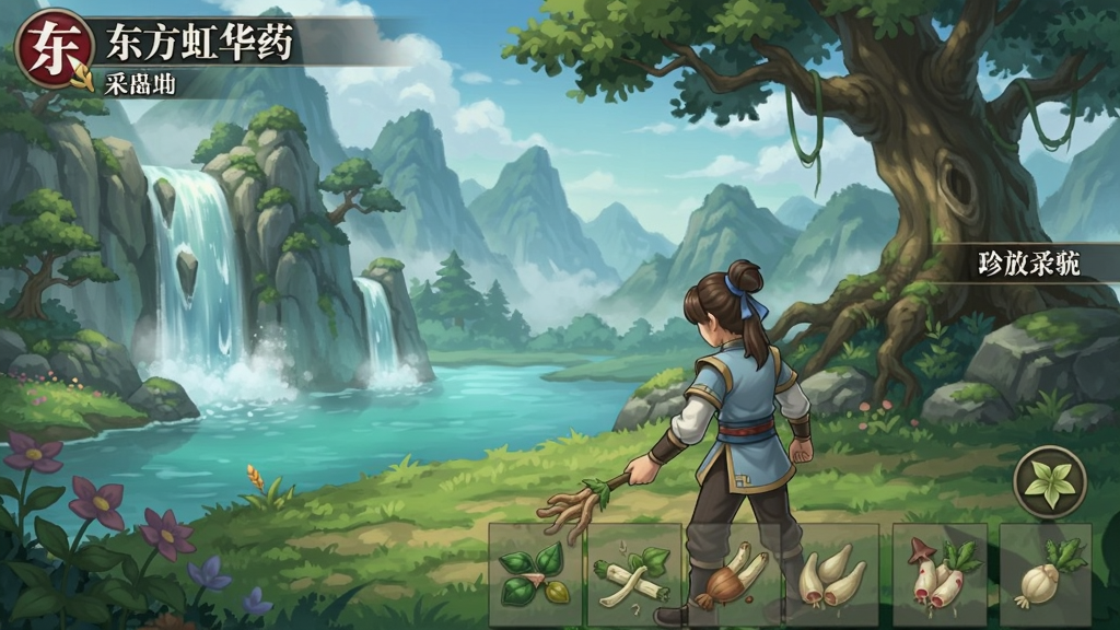 东方虹华药游戏中的采药场景,玩家在青山绿水间寻找珍稀药材,背景有瀑布和古树