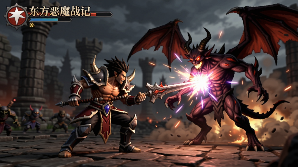 东方恶魔战记游戏场景截图,主角与恶魔战斗的激烈画面