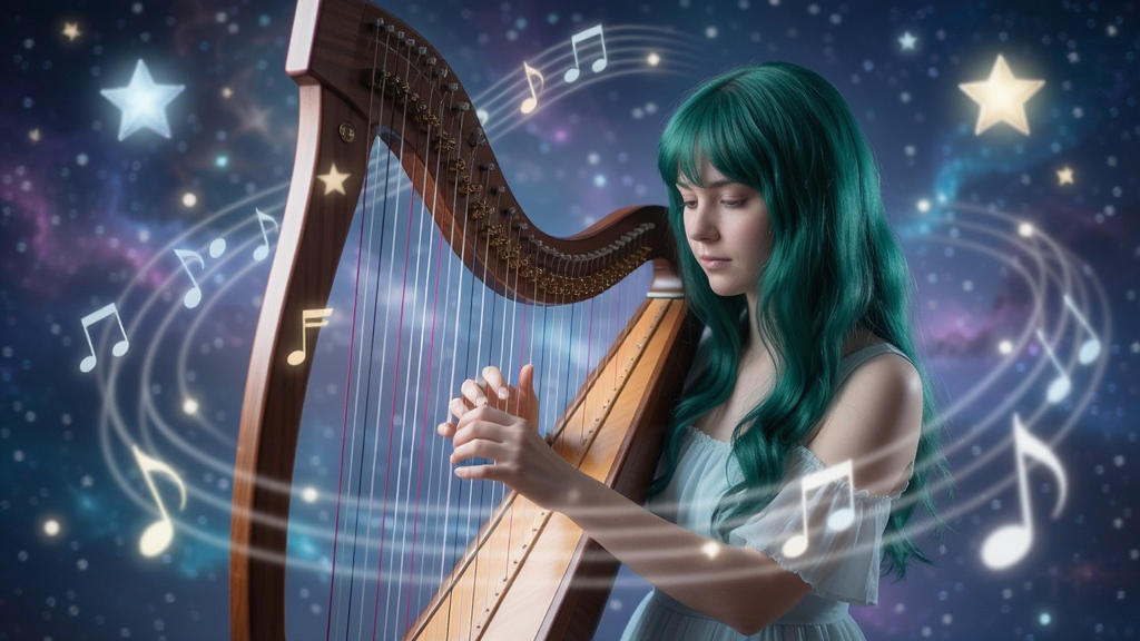 一位翡翠色头发的少女在梦幻星空下弹奏竖琴,周围漂浮着音符光点