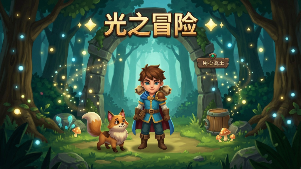 光之冒险游戏主界面,主角与宠物站在森林关卡入口,周围有闪烁的光点
