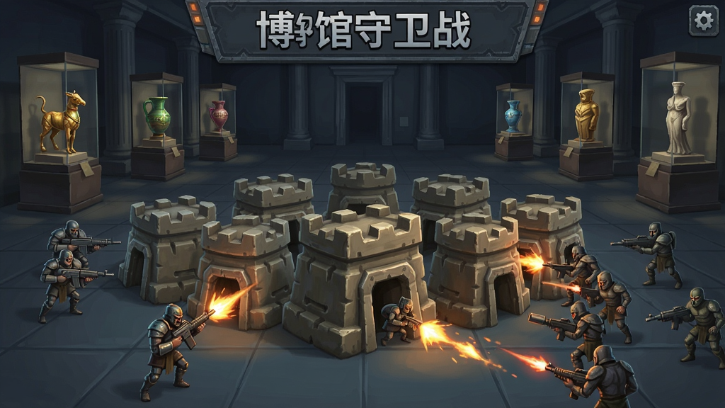 博物馆守卫战游戏主界面,坚固的防御阵型抵御敌人入侵,远处摆放着珍贵展品